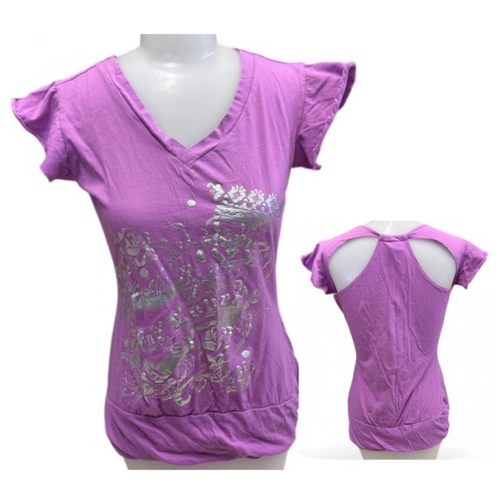 Ever Blue Y2K Women's Purple V Neck T Shirt‎ Short Sleeve Crown Rose Graphic M